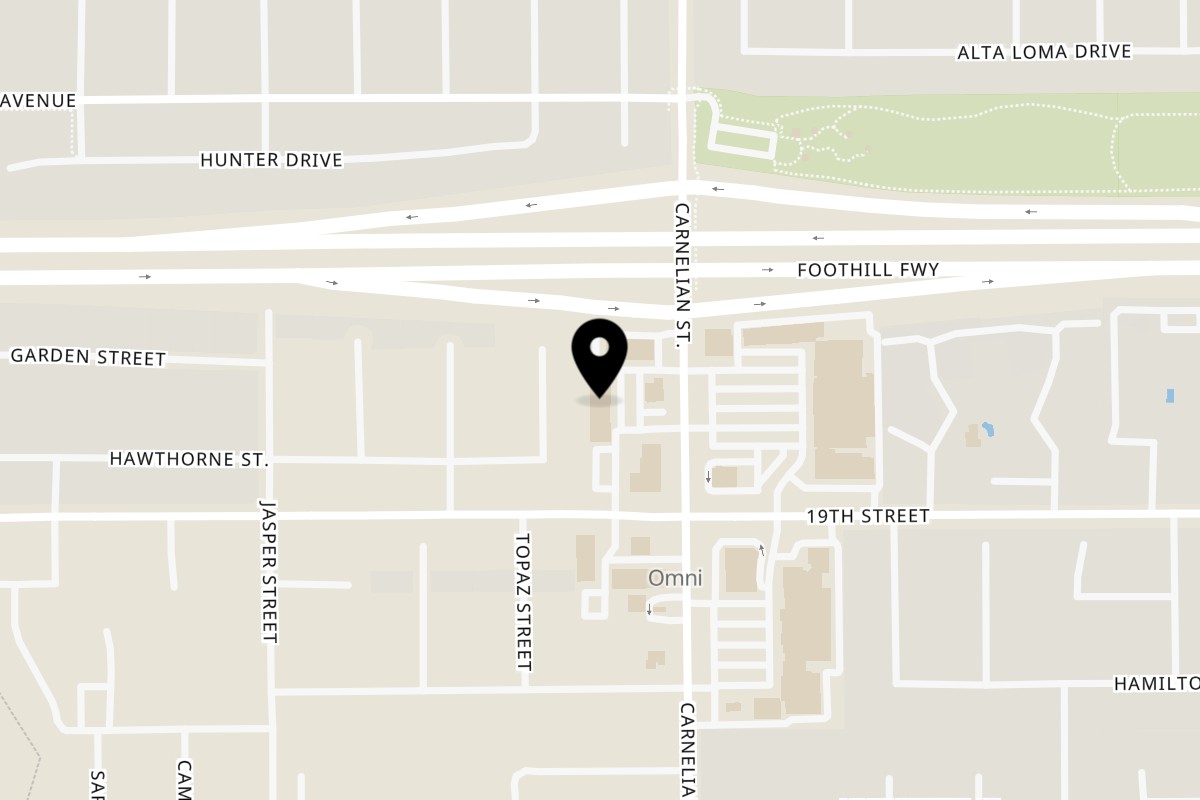 Map showing the location of O Poke And Boba on 6638 Carnelian St in Rancho Cucamonga